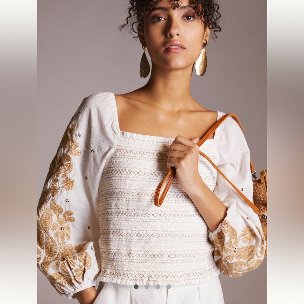 Smocked embroidered top Anthropologie in Ivory